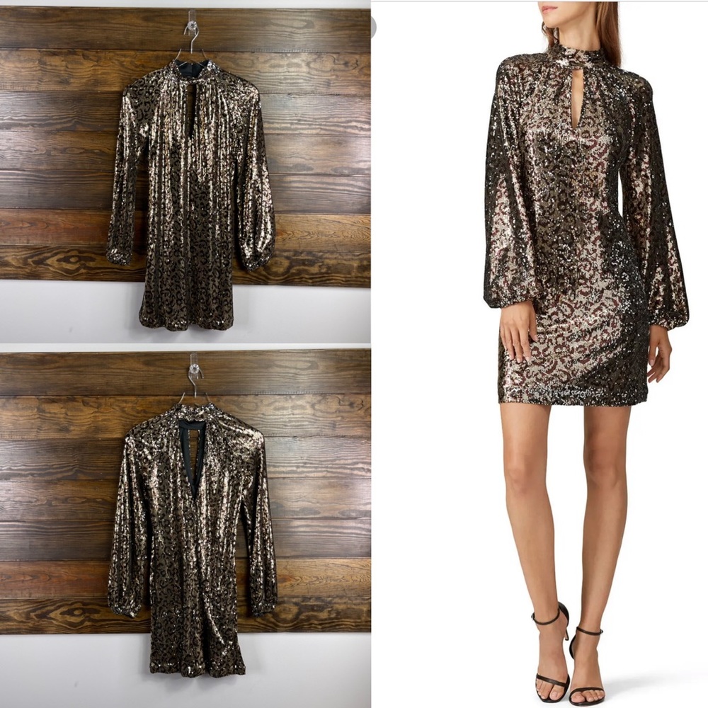 Milly Emily Leopard Sequin Mock-Neck Blouson-Sleeve Shift Dress New Size 0